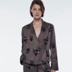 Zara Silk Effect Mink Sequin Embroidered Wrap Blouse Size S